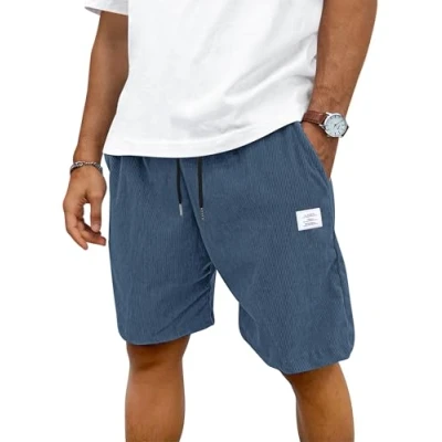 Abbildung von TARAINYA Corduroy Kurze Hosen Herren Baumwolle Kordelzug Casual Shorts Hose Sommer Stretch Freizeitshorts Mit Taschen Blau 2XL