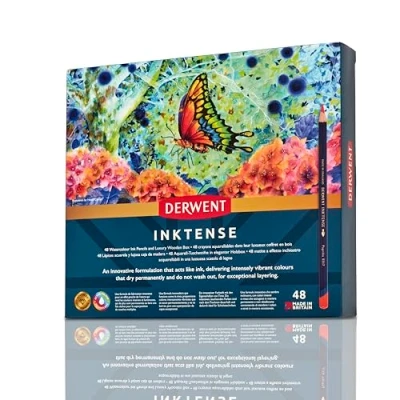 Abbildung von Derwent Inktense Permanent wasserlösliche Aquarellstifte, 48er Set in hölzerner Geschenkbox, 4 mm Premium Kernstärke, ideal zum Ausmalen, Malen und Basteln, professionelle Qualität (2300151)