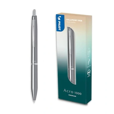 Abbildung von PILOT Acro 1000 Premium Kugelschreiber in Silber Geschenkbox Ultra weiche Tinte für unvergleichliches Schreiben Nachfüllbarer Druckkugelschreiber Schreibfarbe Schwarz Mittlere Spitze