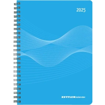 Abbildung von Zettler Wochenplaner 2025 blau, 15x21cm, Taschenkalender mit 128 Seiten, 1 Woche auf 2 Adressteil, Ringbindung, Monatsübersicht, Mondphasen und deutsches Kalendarium