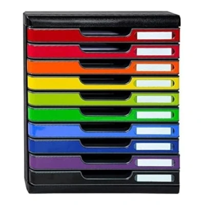 Abbildung von Exacompta 302798D Ablagebox Modulo mit 10 Schubladen für DIN A4+ Dokumente. Belastbare Schubladenbox hoher Kapazität mehr Platz auf dem Schreibtisch Harlekin schwarz/bunt