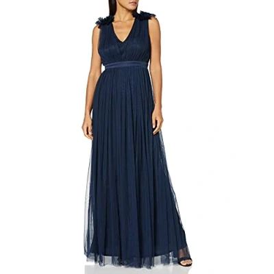 Abbildung von Maya Deluxe Damen Women&#039;s Maxi With Ruffle V Neck Sleeveless High Empire Waist Long Prom Guest Weddi Bridesmaid Dress, Navy, 42 EU