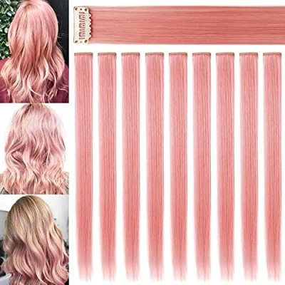 Abbildung von Rhyme 9 PCS Farbigen Haarverlängerungen für Damen Mädchen Frauen Regenbogen Haarteile Perücke Haar Styling Mehrfarbige Party Hightlight Haarschmuck (Rauch rosa)