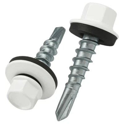 Abbildung von 4.8 mm x 35 Dachschrauben, Sechskantkopf Selbstbohrend Mehrfarbig (RAL 9010 Reinweiß) Schrauben mit versiegelter EPDM Unterlegscheibe, rostfreie, Verzinkte, Gehärtete (50 Stück)