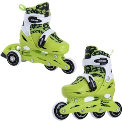 Abbildung von Madivo Dino Kinder Set 2in1 Inliner/Triskates VERSTELLBAR ABEC 5 Rollschuhe Inlineskates umbaubar zu Grün/Schwarz Größen: 26 29, 30 33 (XS (26 29))
