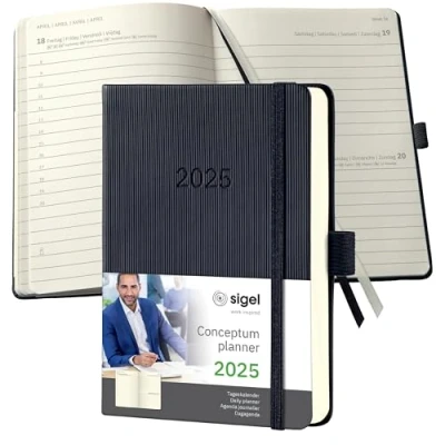 Abbildung von SIGEL C2511 Terminplaner Tageskalender 2025, ca. A6, schwarz, Hardcover, 400 Seiten, Gummiband, Stiftschlaufe, Archivtasche, aus nachhaltigem Papier, Conceptum