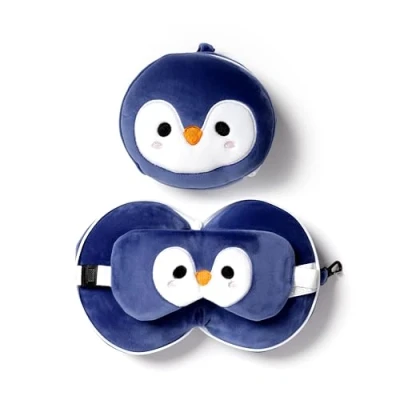Abbildung von Puckator Resteazzz Plüsch Cutiemals Pinguin Runde Reisekissen &amp; Augenmaske, Blau