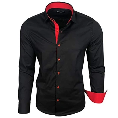 Abbildung von Baxboy Herren Hemd Langarm/Business Freizeit Hochzeit/Bügelleicht/Slim Fit/Anzug Kentkragen B 500, Farbe:Schwarz Rot, Größen:L