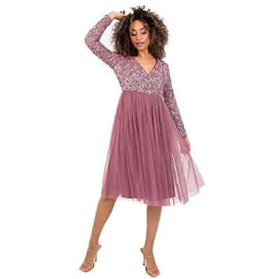 Abbildung von Maya Deluxe Damen Dames Wedding Guest Midi Jurk Lange Mouwen Plunging Hals Sequin Embellished Gradua Brautjungfernkleid, Desert Rose, 38 EU