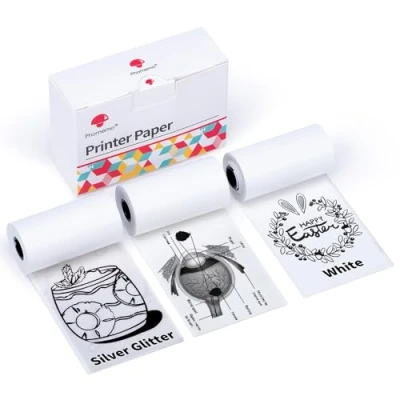 Abbildung von Phomemo Papier M02/M02Pro/M02S/M03/M03AS/M04S/M04AS Papier, Transparentes/Silbernes Glitter/Weißes mit 53mm x 3.5m selbstklebendes 3 Rollen