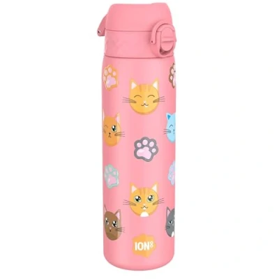Abbildung von ion8 Stahl Trinkflasche, 600 ml, Auslaufsicher, Einhandöffnung, Sichere Verriegelung, Spülmaschinenfest, Klappdeckel, Tragegriff, Leicht zu Reinigen, Langlebig, Katzen Design