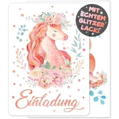 Abbildung von 12x GLITZER Einhorn EINLADUNGSKARTEN KINDERGEBURTSTAG Mädchen Junge + Umschläge die Regenbogen PARTY Karten sind Einladung für Kinder GEBURTSTAG Pferde UNICORN