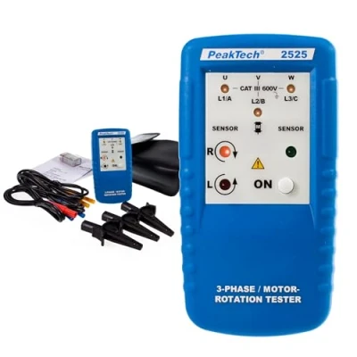 Abbildung von PeakTech 2525 Drehfeldmessgerät 3 Phasen, Drehrichtungsanzeiger/Digital Drehfeld Messgerät für Kraftstrom Motor und Phasenprüfer Drehstrom, Drehfeldmesser mit LED Anzeige, P