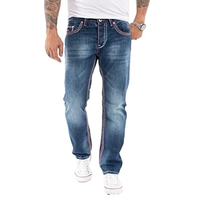 Abbildung von Rock Creek Herren Jeans Hose Comfort Fit Dicke Nähte Herrenjeans Herrenhose Denim Stonewashed Basic Weites Bein Raw RC 2272 Dunkelblau W29 L32