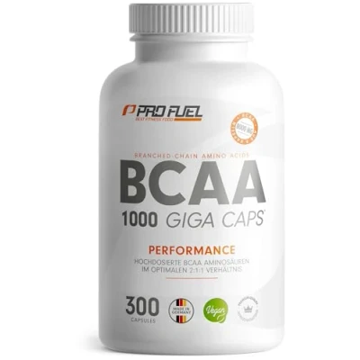 Abbildung von BCAA 1000 Giga Caps hochdosiert mit 8000mg 300x Kapseln je mg im optimalen 2:1:1 Verhältnis essentielle Aminosäuren Leucin, Isoleucin &amp; Valin laborgeprüft, 100% vegan
