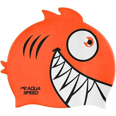Abbildung von Aqua Speed Piranha Badekappe Kinder Lustige Schwimmkappe Bademütze Badehaube Schwimmmütze Sport Schwimmen Silikon, Farbe:Piranha 75