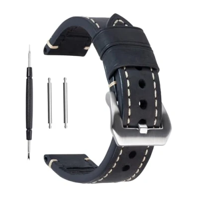 Abbildung von Ersatz Uhrenband, echtes Leder, für Armbanduhr, Vintage Stil, Herren/Frauen, mit Edelstahlschnalle, schwarz/braun, 20 mm/22 mm/24 mm, Schwarz , 22 mm
