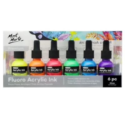 Abbildung von Mont Marte Acryltusche Superior, 6pc x 20ml, Fluoro Acryl Tinten Farben, für feine Details und Farbwaschungen, ideal Airbrush, Gießkunst, Scrapbooking Tuschezeichnen