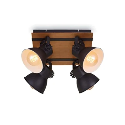 Abbildung von Briloner Leuchten Deckenlampe retro mit Holzbalken, 4 flammige Deckenleuchte vintage, E27 Fassung max. 40 Watt, verstellbare Lampenschirme, rustikaler Deckenspot, Schwarz Weiß Holz, 1 Stück (1er Pack)