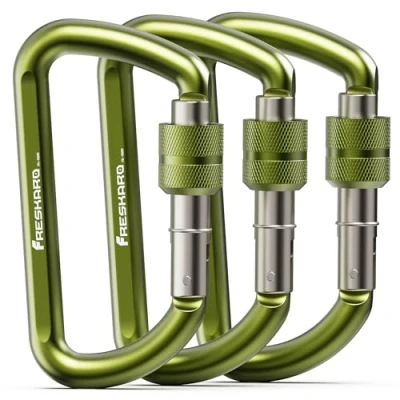 Abbildung von FresKaro Karabinerhaken, Karabina Schraubverschluss, Carabiner Schlüsselanhänger, Schraubkarabiner, Schloss, 12kN 1224kg, Aluminium, Ultraleicht, Belastbar, für Schlüssel, Hundeleine, Grün, 3 Stück