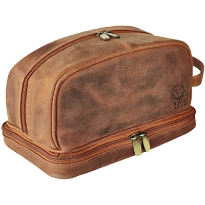 Abbildung von Leder Kulturbeutel für Herren Reise Rasier Dopp Kit Badezimmer /Dusch Toilettenartikel Organizer Kosmetik /Make up Tasche Damen von Rustic Town