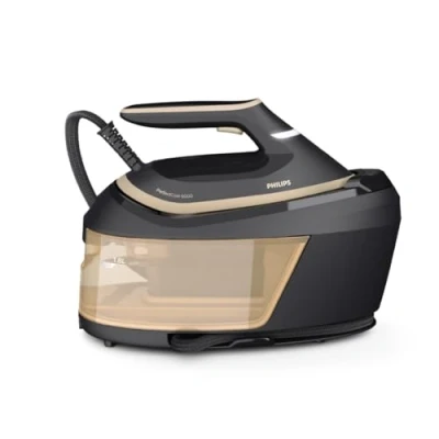 Abbildung von Philips PerfectCare 6000 Dampfbügelstation 2400 Watt, 600 g Dampfstoß, 8 Bar, OptimalTEMP Technologie, 1,8 l Wassertank, Schwarz/Gold (PSG6064/80)