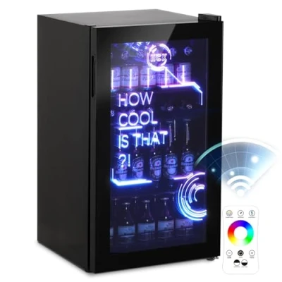 Abbildung von HCK 98L Getränkekühlschrank mit Cyberpunk RGB Beleuchtung, Minibar kleine Kühlschrank Glastür, lautlos 39dB, 0 15C, Bierkühlschrank für Spielzimmer, Küche, Schwarz