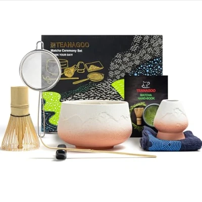 Abbildung von TEANAGOO Japanisches Matcha Set(7 teilig),Matcha Schneebesen,Mtacha Set,Matcha Schüssel mit Ausgießer,Bambus Schneebesen,Chasen,Schaufel(Chashaku),Schneebesenhalter N25,Farbverlauf,TG N25…