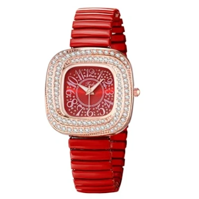 Abbildung von JewelryWe Damenuhr Elastische Quadratische Uhr: Glitzer Zirkonia Analog Quarz Armbanduhr Damen Rot Edelstahl Stretch Armband Kleine Diamant Uhr mit Zugarmband &amp; Eckigem Wirbel Gehäuse