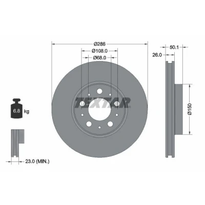 Abbildung von TEXTAR 92100500 Bremsscheibe 286 26 05/10 108 außenbelüftet ohne Radbefestigungsbolzen, Radnabe VOLVO: S60 I, V70 2, S80 I