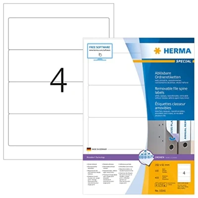 Abbildung von HERMA 10141 Ordnerrücken Etiketten ablösbar kurz breit, 100 Blatt, 192 x 61 mm, 4 pro A4 Bogen, 400 Stück, selbstklebend, bedruckbar, blickdicht, Papier Ordneretiketten Rückenschilder Aufkleber, weiß