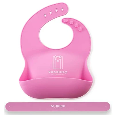 Abbildung von YAMBINO 1er Set Babylätzchen mit Haltegurt 30x22cm BPA frei weiches Lätzchen Silikon Auffangschale Kleckerfrei Essen Wasserdicht einfache Reinigung, spülmaschinenfest (Rosa)
