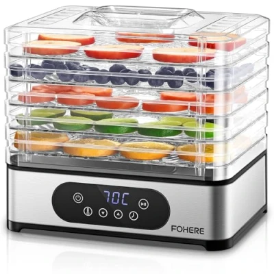 Abbildung von FOHERE Dörrautomat Edelstahl, Dörrgerät mit 5 höhenverstellbaren Tabletts, LED Anzeige, 420W, 35 70C, 48h Timer, für Lebensmittel, Pilze, Früchte, Fleisch, Fisch, Gemüse, BPA frei