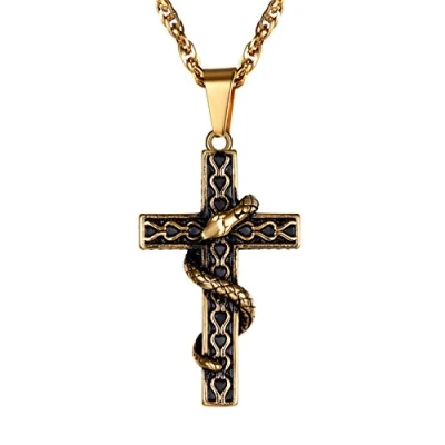 Abbildung von PROSTEEL Halskette Edelstahl Äskulapstab Schlangenstab Kreuz mit Schlange Anhänger Modeschmuck für Herren, Gold