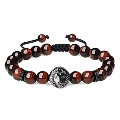 Abbildung von COAI Geschenkideen Unisex Edelsteinarmband aus Tigerauge Rot und Legiertes Löwe Zubehör Glücksarmband