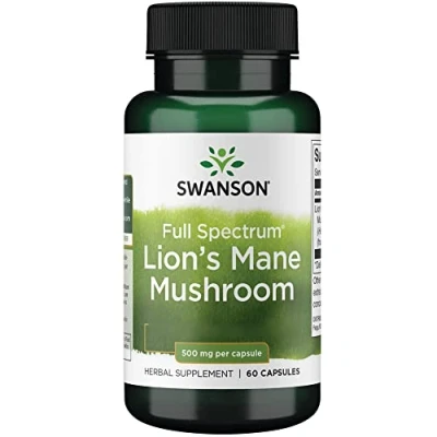 Abbildung von Swanson Full Spectrum Lion&#039;s Mane Mushroom (Hericium erinaceus Pilz), 500mg, 60 Kapseln, Laborgeprüft, Sojafrei, Glutenfrei, Ohne Gentechnik