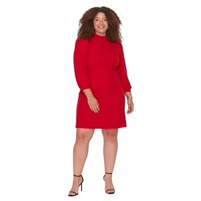 Abbildung von Trendyol Damen Woman Mini standaard reverskraag geweven stof grote maten in jurk Kleid, Rot, 50 EU
