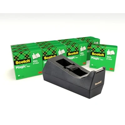 Abbildung von Scotch Schreibtisch Klebebandabroller, Schwarz + Magic Unsichtbares Klebeband, 19 mm x 33 m, 12 Rollen Nachfüllbarer Klebebandabroller für Schule, Zuhause und Büro