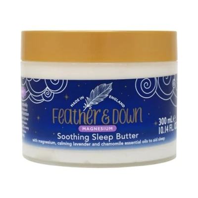 Abbildung von Feather &amp; Down Wohltuende Magnesium Schlafbutter (300ml) mit sowie beruhigendem ätherischen Lavendel und Kamillenöl, um das Einschlafen zu fördern. Ohne Tierversuche. Vegan.