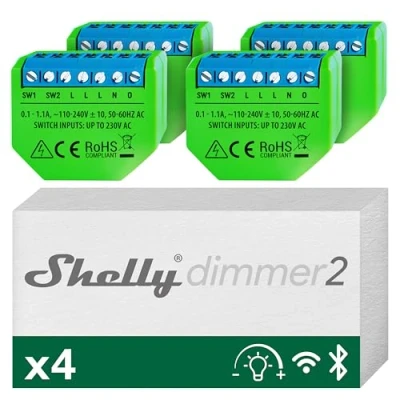 Abbildung von Shelly Dimmer 2, Intelligenter Wlan Dimmer, Kein Neutralleiter nötig, Hausautomatisierung, Kompatibel mit Alexa &amp; Google Home, iOS Android App, Hub erforderlich, Dimmbare Lichter (4 Stück)