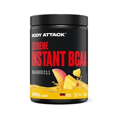 Abbildung von Body Attack Extreme Instant BCAA 500 g Tropical Made in Germany Gut lösliches, veganes Pulver im Verhältnis 2:1:1 Zuckerfreie Aminosäuren für intensives Training Mit L Leucin