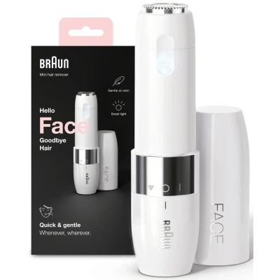 Abbildung von Braun Face Mini Haarentferner, elektrischer Gesichtshaarentferner für Damen, kleiner Rasierer schnelle und sanfte Rasur, Oberlippe, Kinn Wangen, unterwegs, mit Smartlight, FS1000, weiß