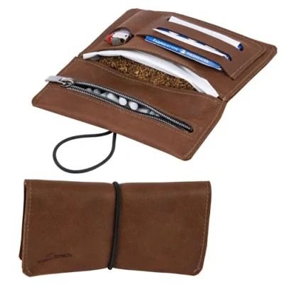 Abbildung von SIMARU Leder Tabaktasche für 30g Tabakbeutel, Dreher Tasche aus Echtleder mit Filterfach &amp; Blättchen Halter (Braun)