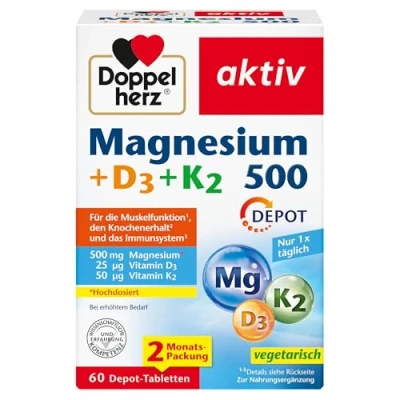 Abbildung von Doppelherz Magnesium 500 + D3 K2 Hochdosiertes als Beitrag zur normalen Funktion der Muskeln und Nervensystems 60 vegetarische Depot Tabletten