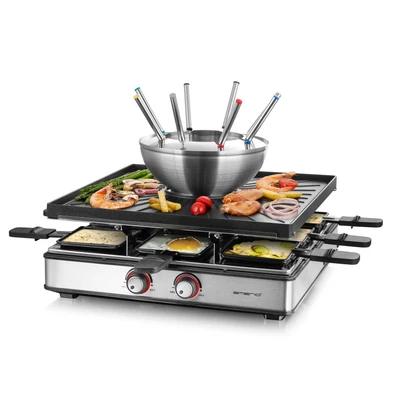 Abbildung von EMERIO 3in1 Raclette Station für bis zu 8 Personen, Grill Fondue, elektrisch, Temperaturregulierung, Bratfläche 38x37cm, Beleuchtung, 2200 Watt, platzsparend, Edelstahl, BPA frei, RG 128187, Schwarz