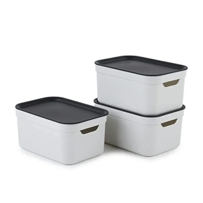 Abbildung von Jive Dekobox 3er Set Aufbewahrungsbox 5l mit Deckel, Kunststoff (PP recycelt), weiss/anthrazit, 3x5l (26.5 x 18.5 13.2 cm)
