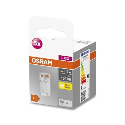 Abbildung von OSRAM Star PIN LED Lampe für G4 Sockel, klares Glas ,Warmweiß (2700K), 100 Lumen, Ersatz herkömmliche 10W Leuchtmittel, nicht dimmbar, 5 er Pack