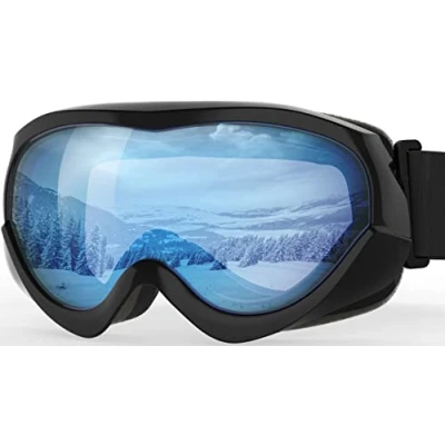 Abbildung von OutdoorMaster Kinder Skibrille Helmkompatible Schneebrille für Jungen &amp; Mädchen mit 100% UV Schutz (schwarzer Rahmen + VLT 60% hellblaue Linse)