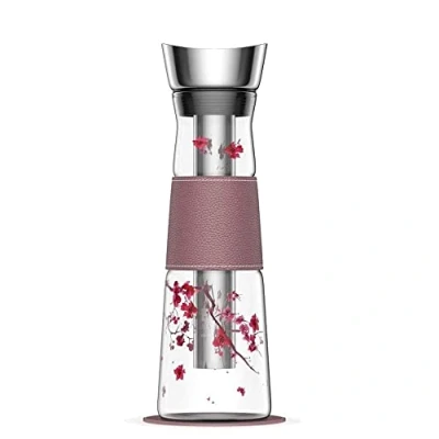 Abbildung von Eigenart Eve Cherry Blossom Karaffe aus Glas mit Deckel, Sieb und veganer Kunstleder Manschette Untersetzer, BPA frei, 1,25L, 31000