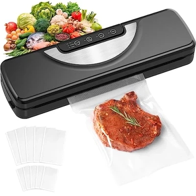 Abbildung von Vakuumiergerät 5 in 1, Vakuumierer sous vide mit Eingebauter cutter, Vacuumiergeraet Folienschweißgerät inkl.10 Vakuumierbeutel und Schlauch, Einschweissgerät Vakuum Sealer für Lebensmittel, aus ABS